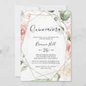 Geometrisch goud groen gebladerte bloemen quinceañ kaart (Voorkant)