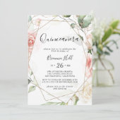 Geometrisch goud groen gebladerte bloemen quinceañ kaart