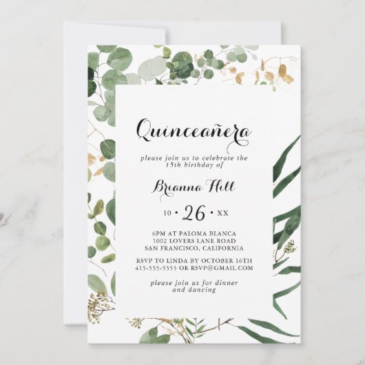 Geometrisch goud groen gebladerte Quinceañera Kaart (Voorkant)