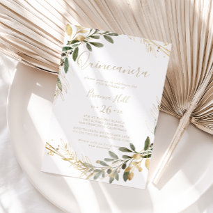 Geometrisch Goud Groen Herfst Quinceañera Kaart