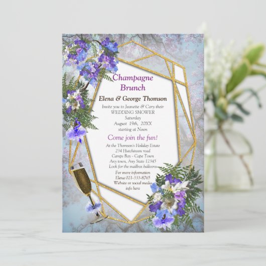 Geometrisch Goud & Jacaranda Bloemen Paar Douche Kaart (Staand voorkant)