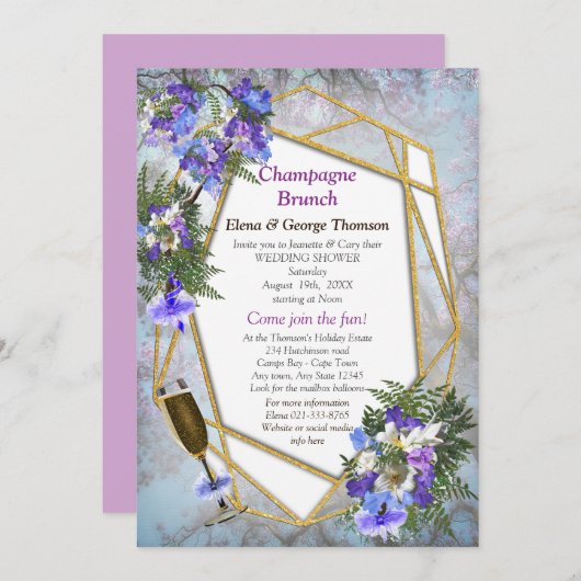 Geometrisch Goud & Jacaranda Bloemen Paar Douche Kaart (Voorkant / Achterkant)