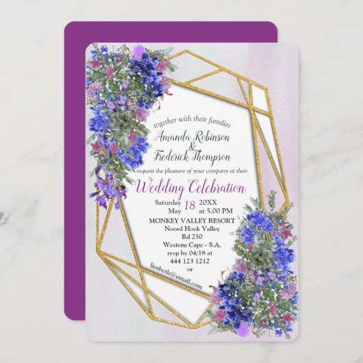 Geometrisch Goud & Lavendel Bloemen Bruiloft Kaart (Voorkant / Achterkant)