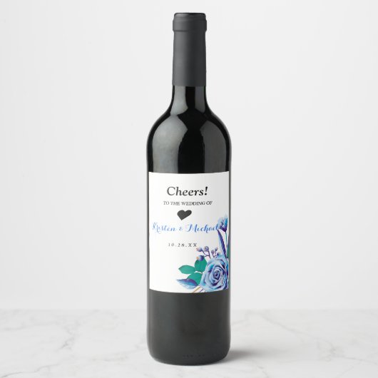 Geometrisch Goud Lijst Blauw Bloemen De Trouwwijn Wijn Etiket (Voorkant)