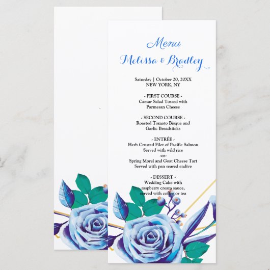 Geometrisch Goud Lijst blauw flora Bruiloft Menu (Voorkant / Achterkant)
