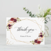 Geometrisch Goud Lijst Bourgogne Rood Bloemen Brui Bedankkaart (Staand voorkant)