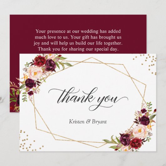 Geometrisch Goud Lijst Bourgogne Rood Bloemen Brui Bedankkaart (Voorkant / Achterkant)