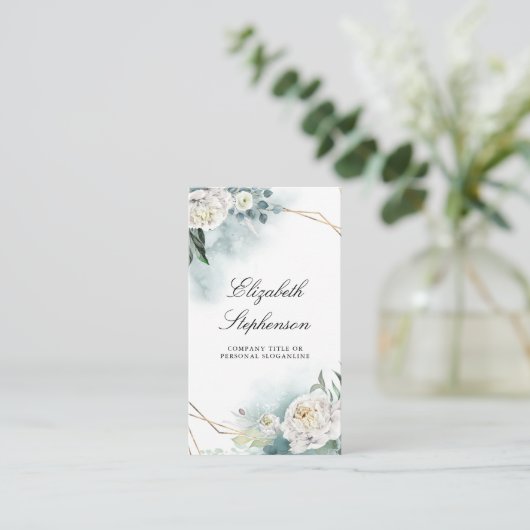 Geometrisch Goud Lijst en Witte Pioenen Groen Visitekaartje (Staand voorkant)