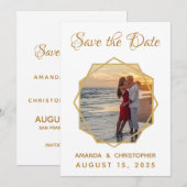 Geometrisch Goud Lijst Foto Kalligrafische Bruilof Save The Date (Voorkant / Achterkant)