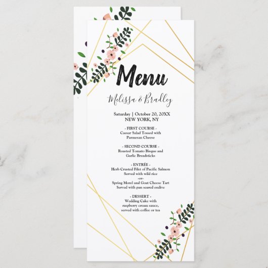 Geometrisch Goud Lijst paarse Bloemen Wedding Menu (Voorkant / Achterkant)