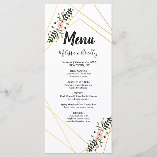 Geometrisch Goud Lijst paarse Bloemen Wedding Menu (Voorkant)