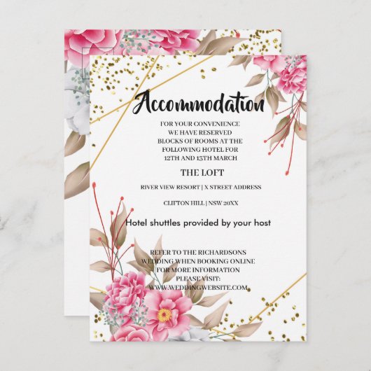 Geometrisch Goud Lijst Roze Bloemen Accommodatie Aankondigingskaart (Voorkant / Achterkant)