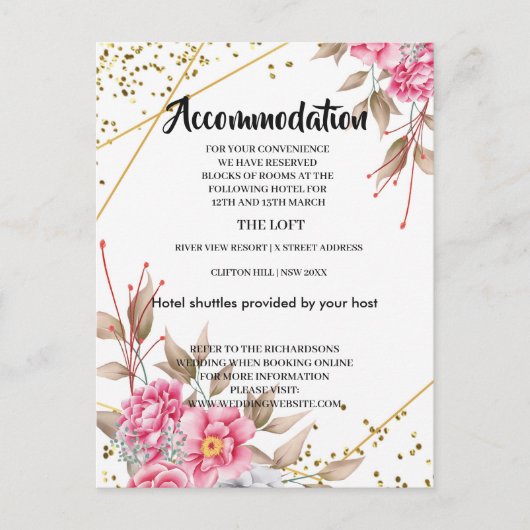 Geometrisch Goud Lijst Roze Bloemen Accommodatie Aankondigingskaart (Voorkant)