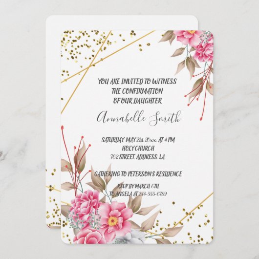 Geometrisch Goud Lijst Roze Bloemen BEVESTIGING Kaart (Voorkant / Achterkant)