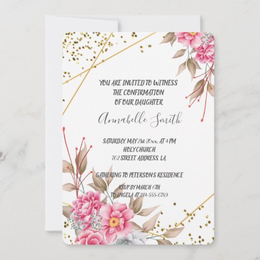 Geometrisch Goud Lijst Roze Bloemen BEVESTIGING Kaart (Voorkant)