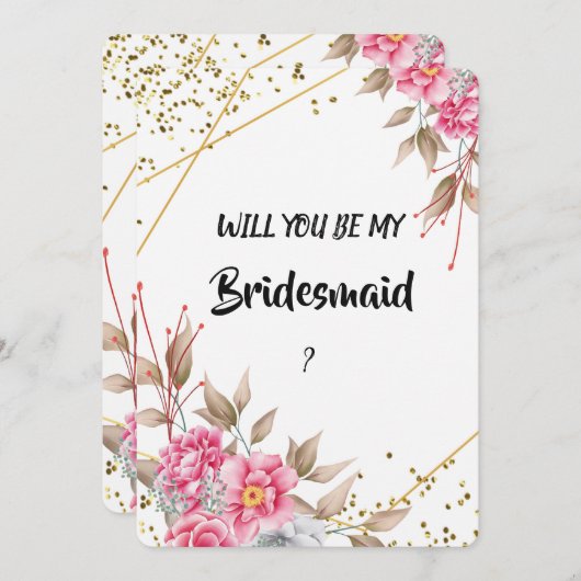 Geometrisch Goud Lijst Roze Bloemen Bruidsmeisje Kaart (Voorkant / Achterkant)