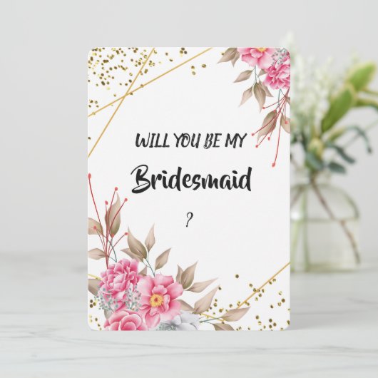 Geometrisch Goud Lijst Roze Bloemen Bruidsmeisje Kaart (Staand voorkant)