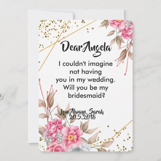 Geometrisch Goud Lijst Roze Bloemen Bruidsmeisje Kaart (Achterkant)