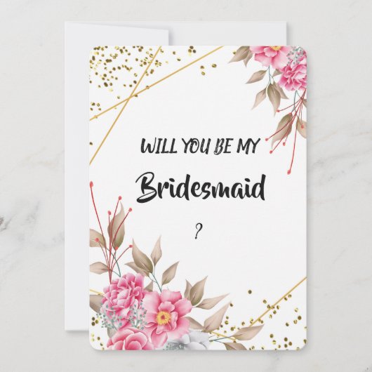 Geometrisch Goud Lijst Roze Bloemen Bruidsmeisje Kaart (Voorkant)