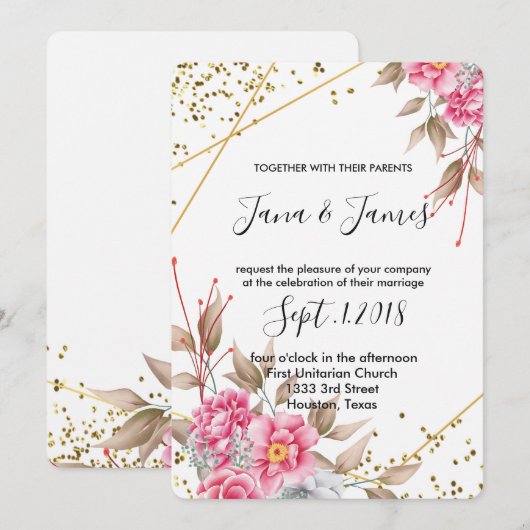 Geometrisch Goud Lijst Roze Bloemen bruiloft Kaart (Voorkant / Achterkant)