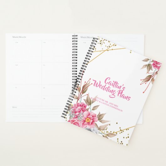 Geometrisch Goud Lijst Roze Bloemen Bruiloft plann Planner (Display)