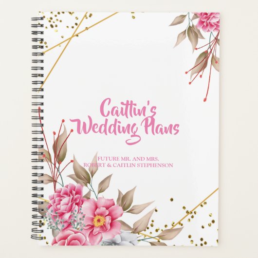 Geometrisch Goud Lijst Roze Bloemen Bruiloft plann Planner (Voorkant)