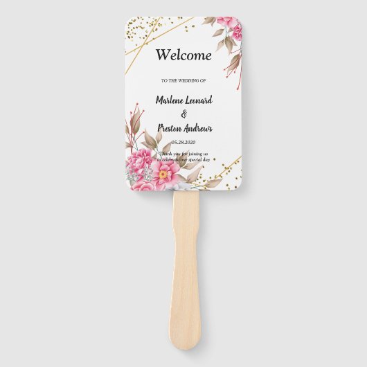 Geometrisch Goud Lijst Roze Bloemen Bruiloft Progr Handwaaier (Voorkant)