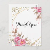 Geometrisch Goud Lijst Roze Bloemen Dank u Briefkaart (Voorkant / Achterkant)
