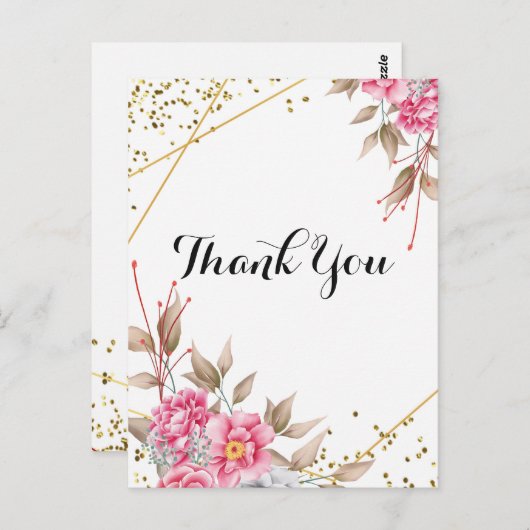 Geometrisch Goud Lijst Roze Bloemen Dank u Briefkaart (Voorkant / Achterkant)