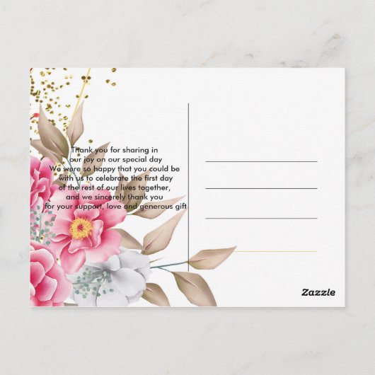 Geometrisch Goud Lijst Roze Bloemen Dank u Briefkaart (Achterkant)