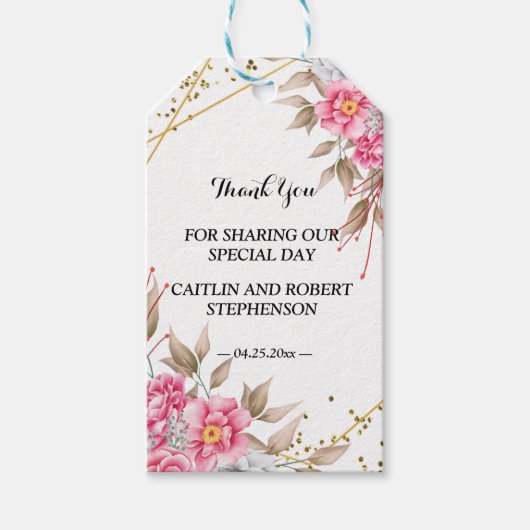 Geometrisch Goud Lijst Roze Bloemen dank u Cadeaulabel (Voorkant)