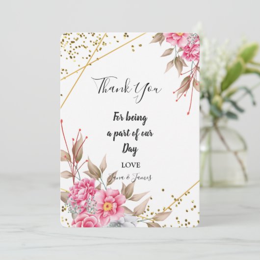 Geometrisch Goud Lijst Roze Bloemen dank u Kaart (Staand voorkant)