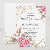 Geometrisch Goud Lijst Roze Bloemen Eerste Heilige Kaart (Voorkant / Achterkant)