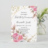 Geometrisch Goud Lijst Roze Bloemen Eerste Heilige Kaart (Staand voorkant)