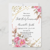 Geometrisch Goud Lijst Roze Bloemen Eerste Heilige Kaart (Voorkant)