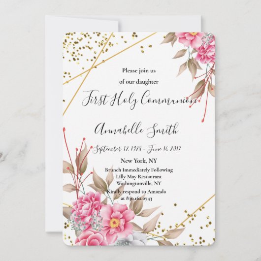 Geometrisch Goud Lijst Roze Bloemen Eerste Heilige Kaart (Voorkant)