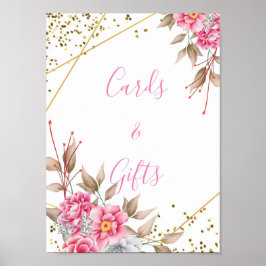 Geometrisch Goud Lijst Roze Bloemen Kaarten & Gesc Poster