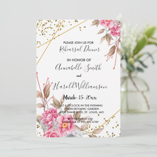 Geometrisch Goud Lijst Roze Bloemen repetitie Dine Kaart (Staand voorkant)