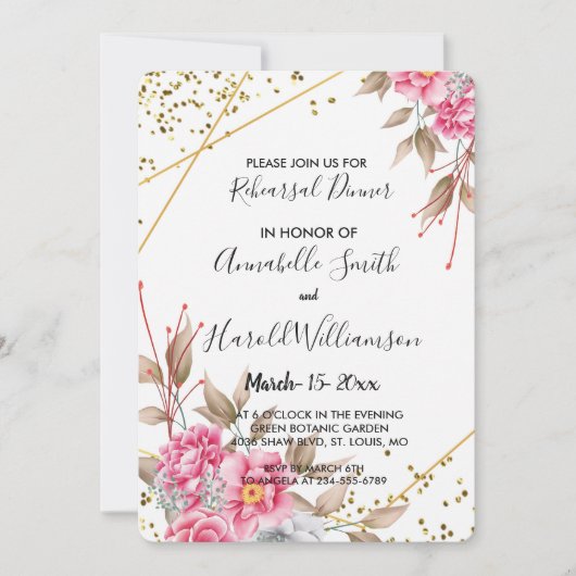 Geometrisch Goud Lijst Roze Bloemen repetitie Dine Kaart (Voorkant)