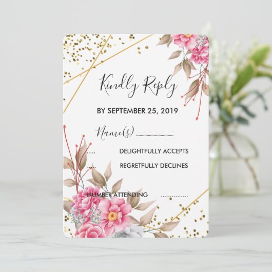 Geometrisch Goud Lijst Roze Bloemen RSVP Kaart (Staand voorkant)