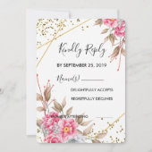 Geometrisch Goud Lijst Roze Bloemen RSVP Kaart (Voorkant)