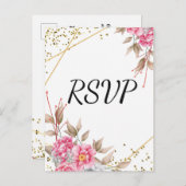 Geometrisch Goud Lijst Roze Bloemen RSVP Uitnodiging Briefkaart (Voorkant / Achterkant)