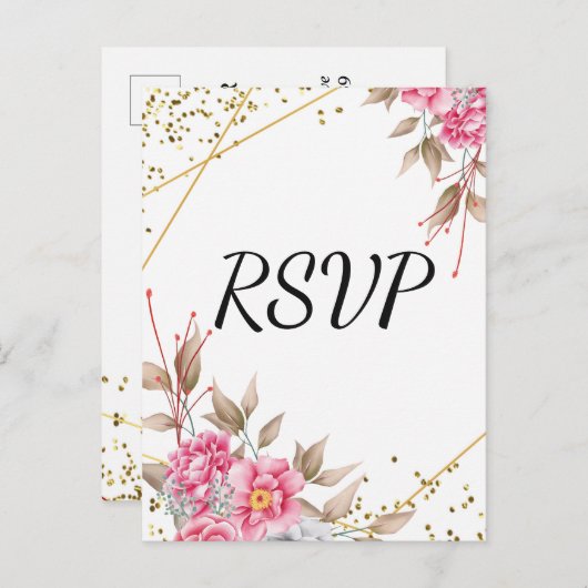 Geometrisch Goud Lijst Roze Bloemen RSVP Uitnodiging Briefkaart (Voorkant / Achterkant)