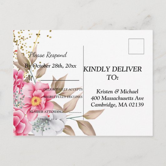 Geometrisch Goud Lijst Roze Bloemen RSVP Uitnodiging Briefkaart (Achterkant)