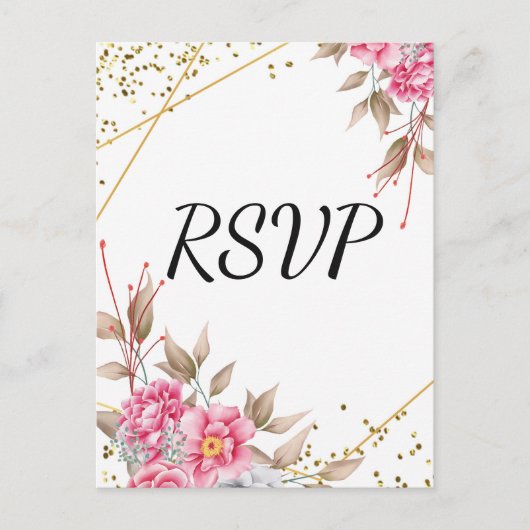 Geometrisch Goud Lijst Roze Bloemen RSVP Uitnodiging Briefkaart (Voorkant)