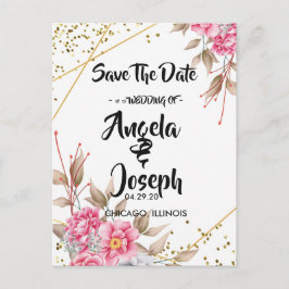 Geometrisch Goud Lijst Roze Bloemen Save the Date Aankondigingskaart
