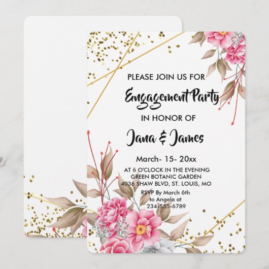 Geometrisch Goud Lijst Roze Bloemen Verloving Kaart (Voorkant / Achterkant)