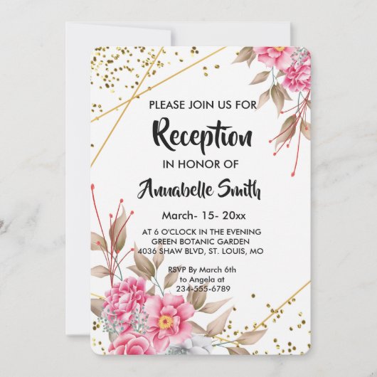 Geometrisch Goud Lijst Roze Bloemenontvangst Kaart (Voorkant)