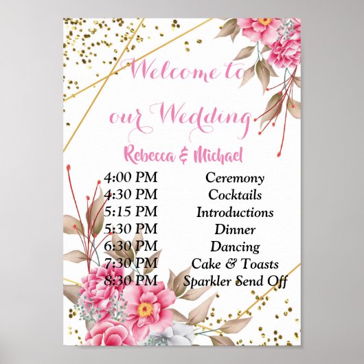 Geometrisch Goud Lijst Roze Bloemenvolgorde Evenem Poster (Voorkant)