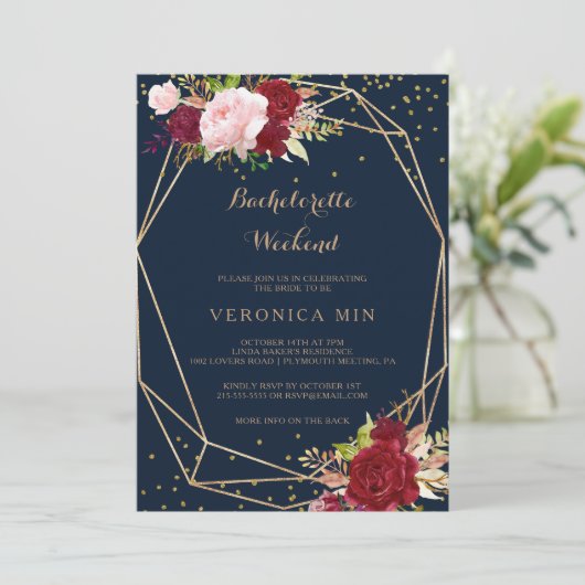 Geometrisch goud & rood tropisch vrijgezellenweeke kaart (Staand voorkant)